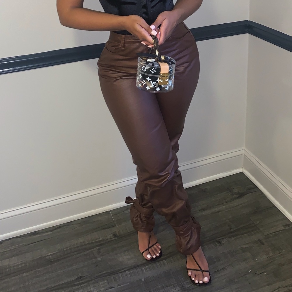 Brown tied hem leather pants